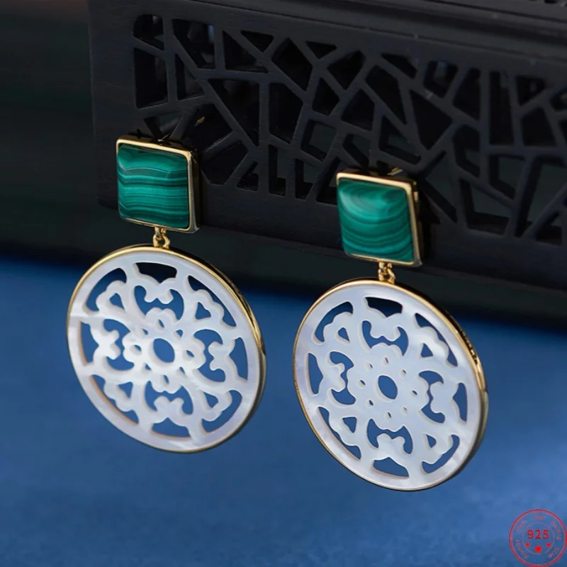 

S925 Sterling Silver Earrings for Women New Fashion Hollow Pattern Inlaid Malachite White Conch Ear Studs Jewelry Free Shipping