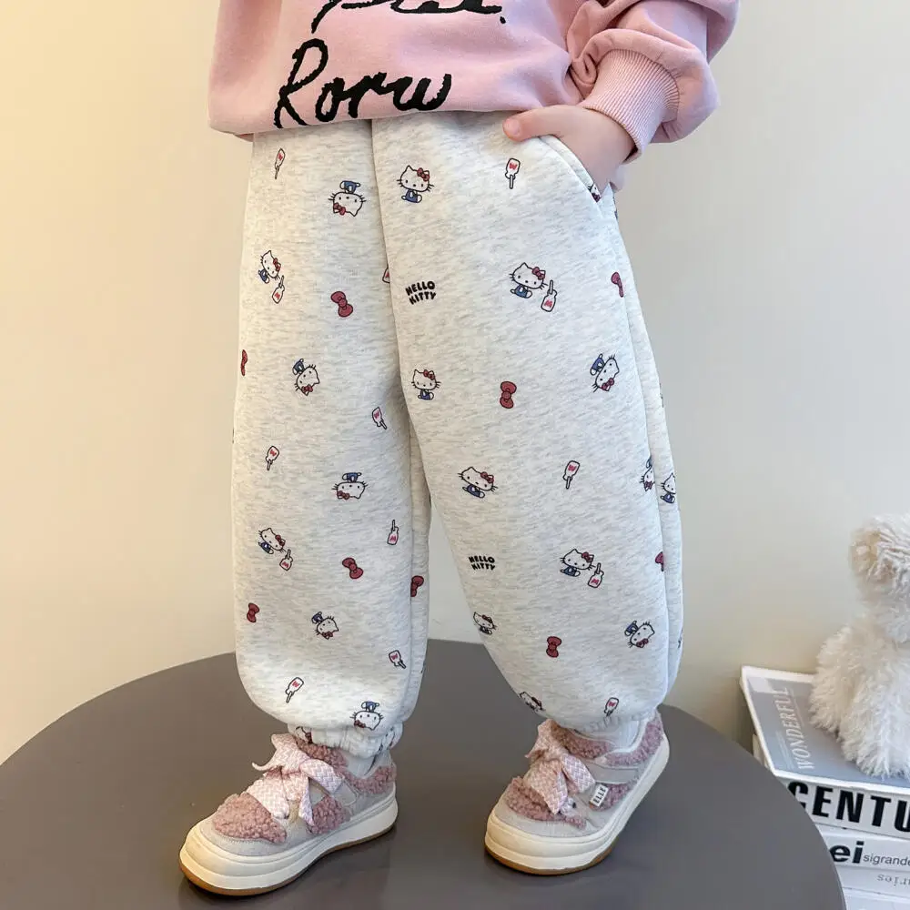 

Sanrio Hello Kitty Girls Cartoon Anime Fleece Casual Pants Kawaii Winter Children's Fashion Graffiti Full Print Sweatpants