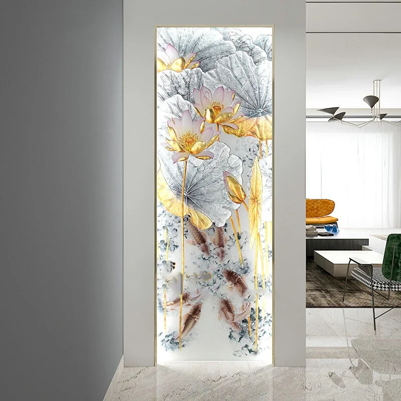 Customized light luxury style frosted light-transmitting carved color art glass partition screen decoration porch living room pa