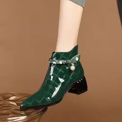 FHC Patent Leather Women Ankle Boots,Embossed Flower Short Botas,Pearls Winter Shoes,Side Zip,Pointed Toe,Green,Black,Dropship