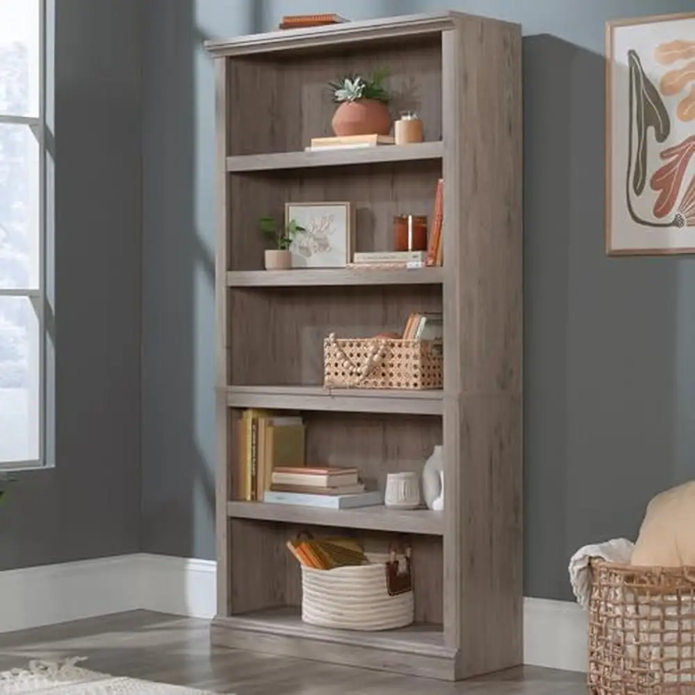 5-Shelf Verstelbare Display Boekenkast Laurier Eiken Afwerking Geconstrueerd Hout Vrijstaande Rechthoekige Kustontwerp Volwassen Woonkamer