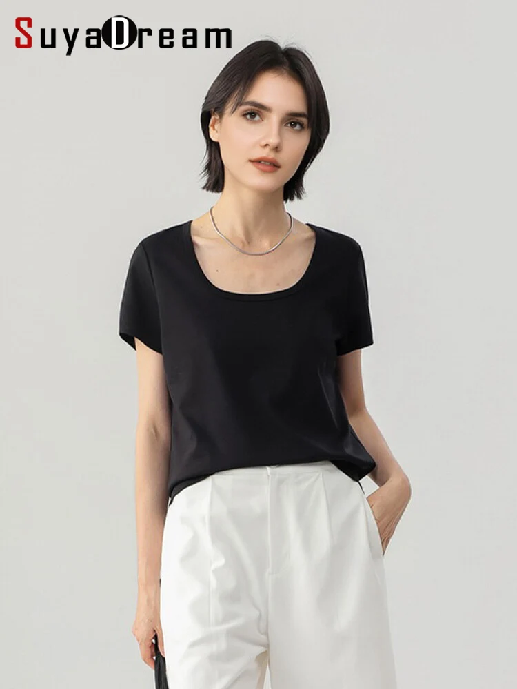 

Женская однотонная футболка SuyaDream, смесь шелкового хлопка, квадратный воротник, шикарная рубашка с короткими рукавами, весна-лето 2021, уютный топ