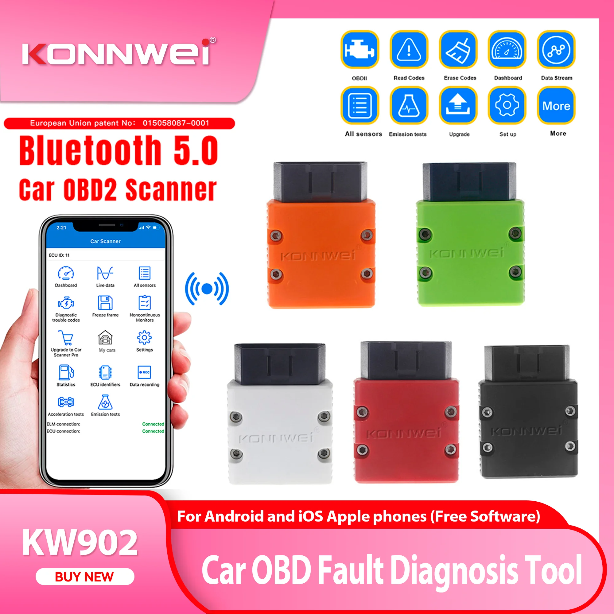

2026 KONNWEI KW902 ELM327 V1.5 OBD2 Автомобильный диагностический сканер Bluetooth Автоматический сканер Мини ELM 327 KW902 Считыватель кодов для Android/IOS