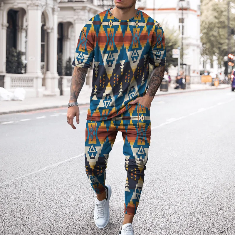Summer 2 Piece Sets Sport Tshirts Joogers Men's Tracksuits Colored Retro Pattern 3D Printed Casual Short Sleeve T-shirt Trousers