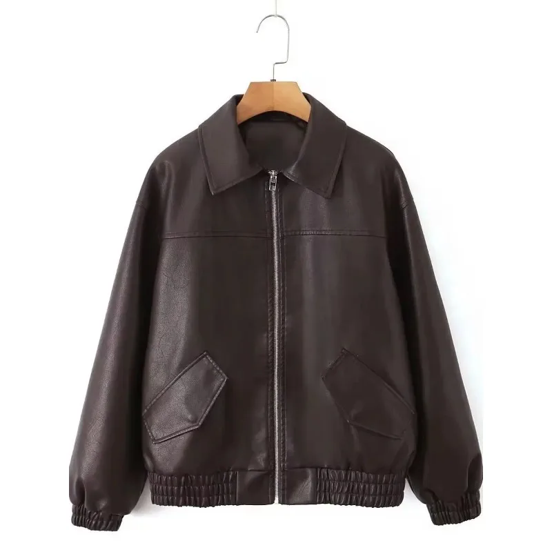 Jaqueta Feminina de Couro Sintético Preto Retrô Solta Estilo Streetwear 2026 - Casaco Vintage com Zíper para Primavera/Outono - Motoqueira