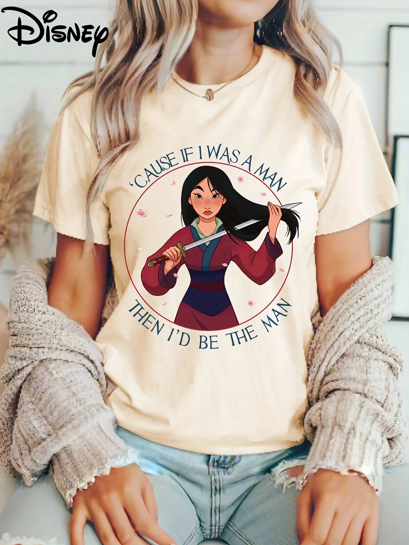

Women's Disney Mulan Princess Graphic Tee - Beige Crew Neck T-Shirt with "If I Was A for Man" Quote, Lightweight Everyday