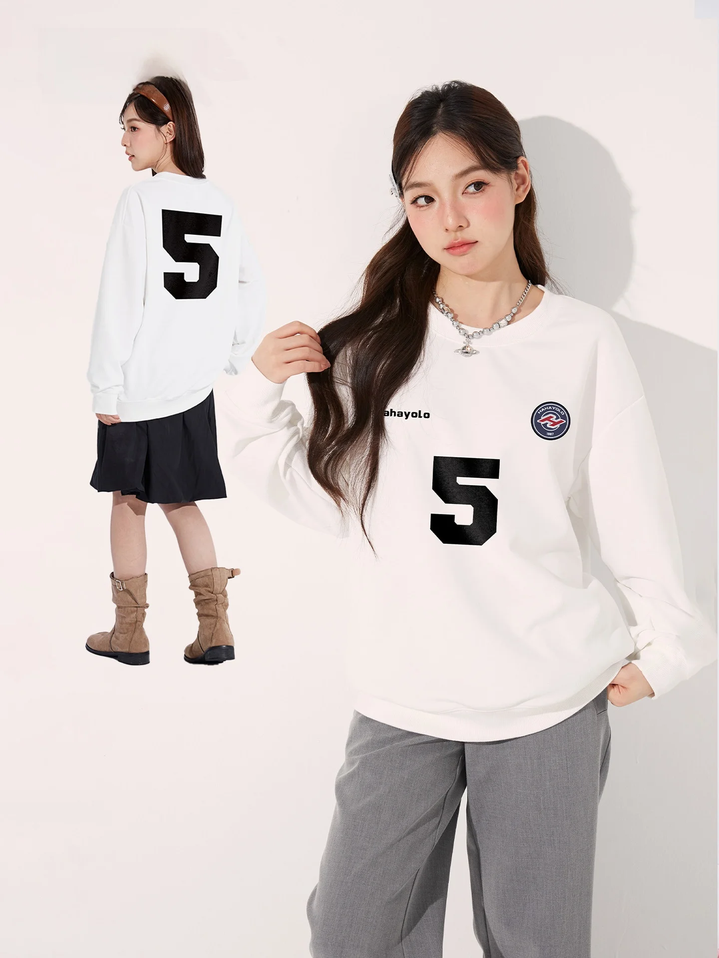 

American College Sle Digital Print Sweatirt Women Loose Casual Trendy round Ne Small ence Sweatirt Autumn Winter