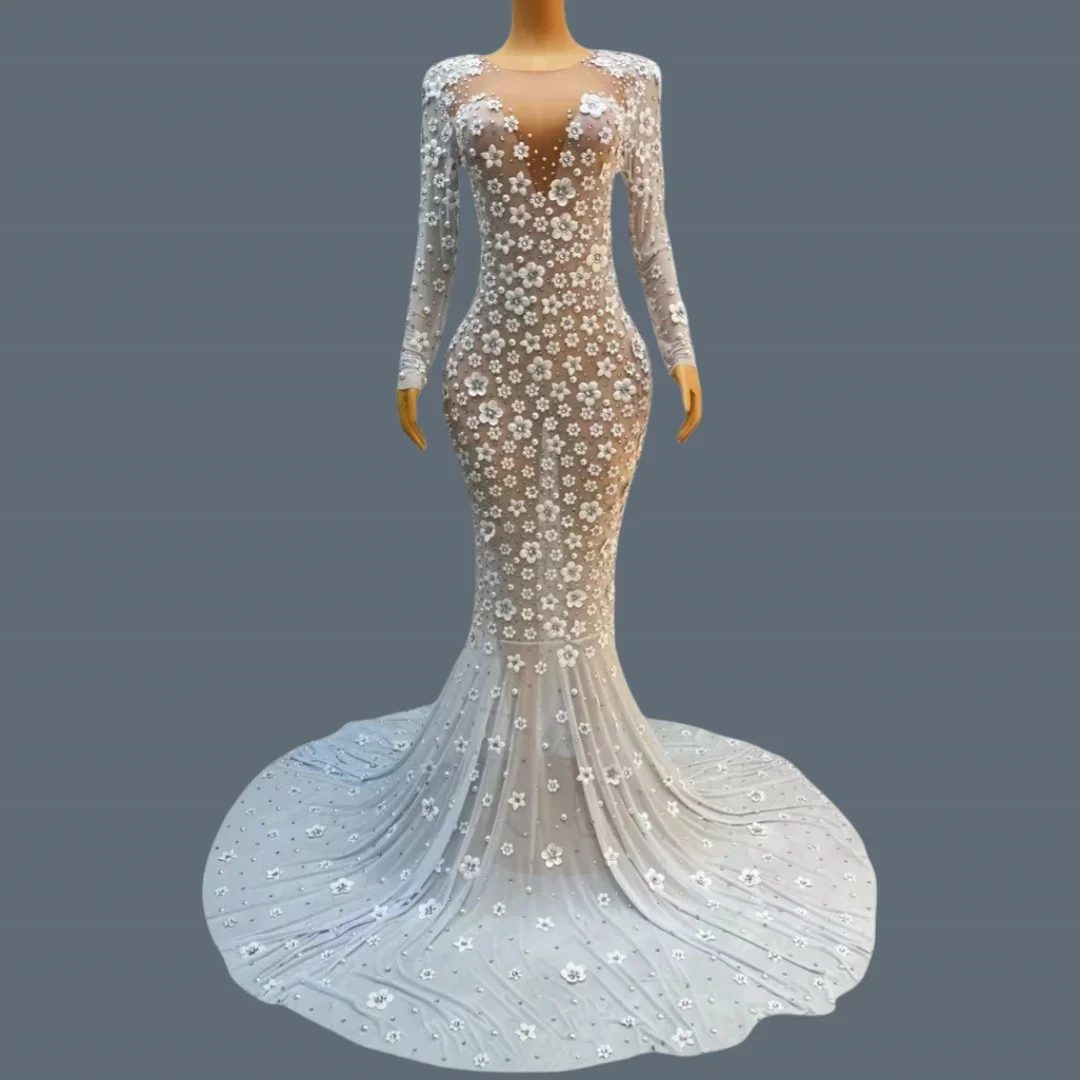Abito da festa di compleanno di lusso Elegante fiore sexy Maglia trasparente Bianco Lunghezza pavimento Abito lungo Abito da sposa da donna di fascia alta