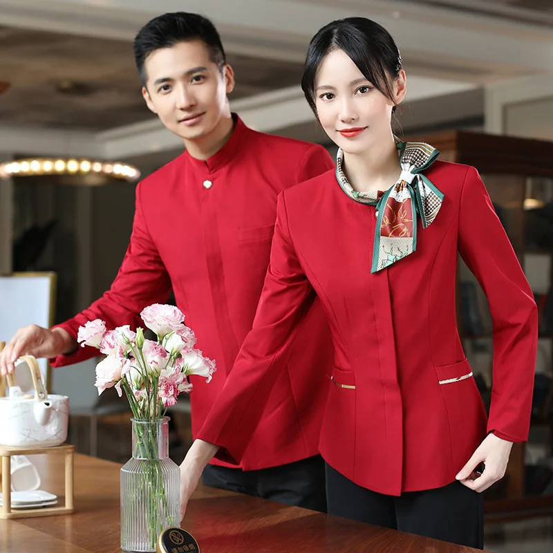 

Hotel Tea House Men and Women Waiter Work Uniform Long Sleeve Restaurant Hot Pot Restaurant Dining Front Desk Autumn Winter Work