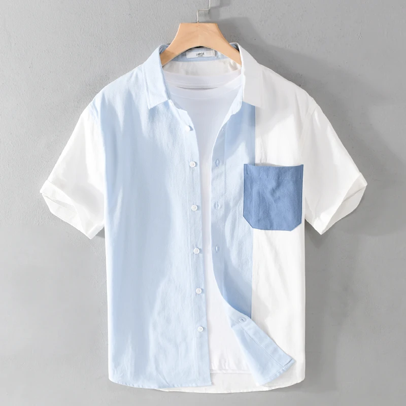 

New Italy Design Casual Short-sleeve Patchwork Pure Cotton Brand Shirts For Men Trend Comfortable Tops Clothing Camisa Masculina