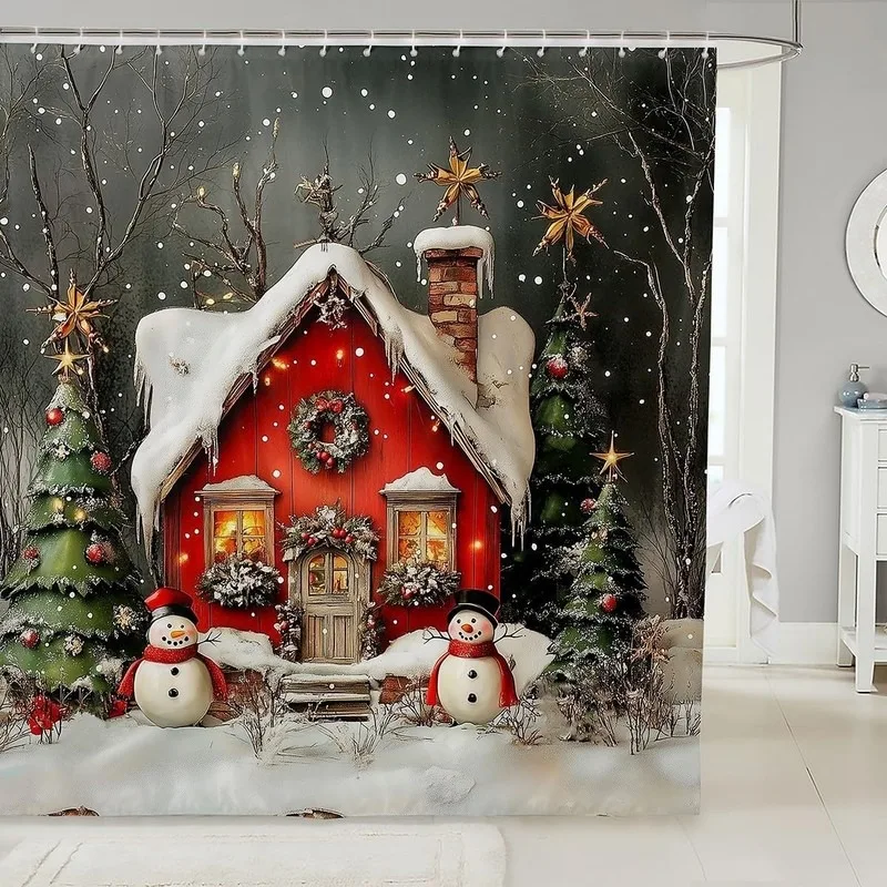 Red Top Snow House Lighted Christmas Tree Snowman Branch Bathroom Shower Curtain No Drilling 12 Hooks Waterproof