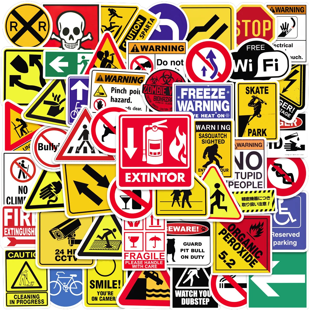 10/30/50pcs Cartoon Warning Sign Stickers Danger Banning Graffiti Sticker Skateboard Helmet Phone Guitar Cool Waterproof Decals