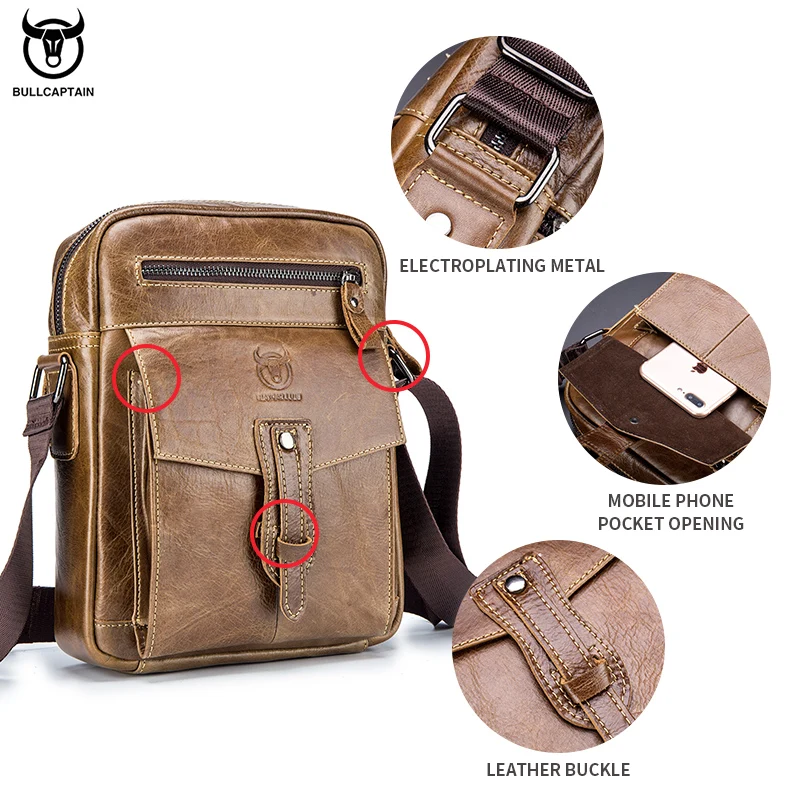 حقيبة كتف من الجلد الطبيعي للرجال من BULLCAPTAIN ذات سعة كبيرة للسفر الرياضي في الهواء الطلق