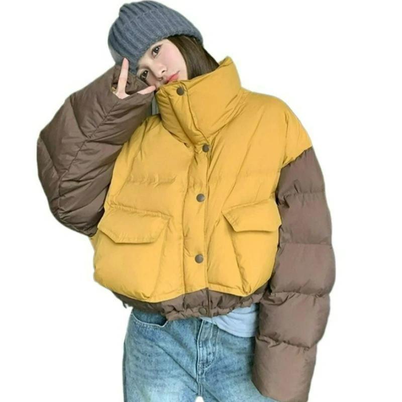 

2026 Winter Collection Present Korean Style Loose Yellow Coffee Color-blocked Stand-up Collar Short Cotton-padded Coat for Women