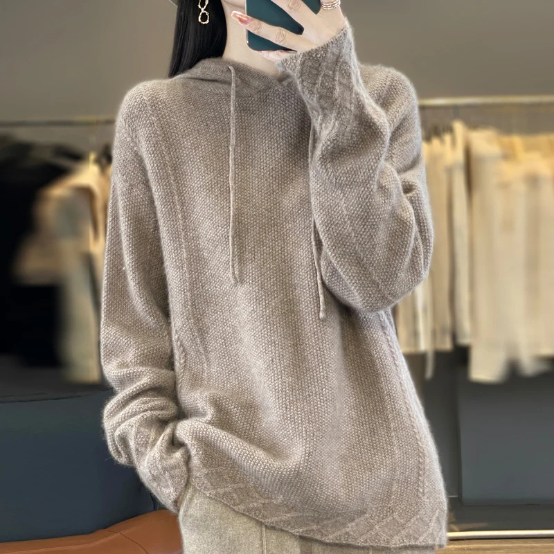 2024 Autumn Winter New 100% Merino Wool Sweater Women's Hooded Collar Pullover Casual Loose Knitted Bottom Fashion Korean Tops