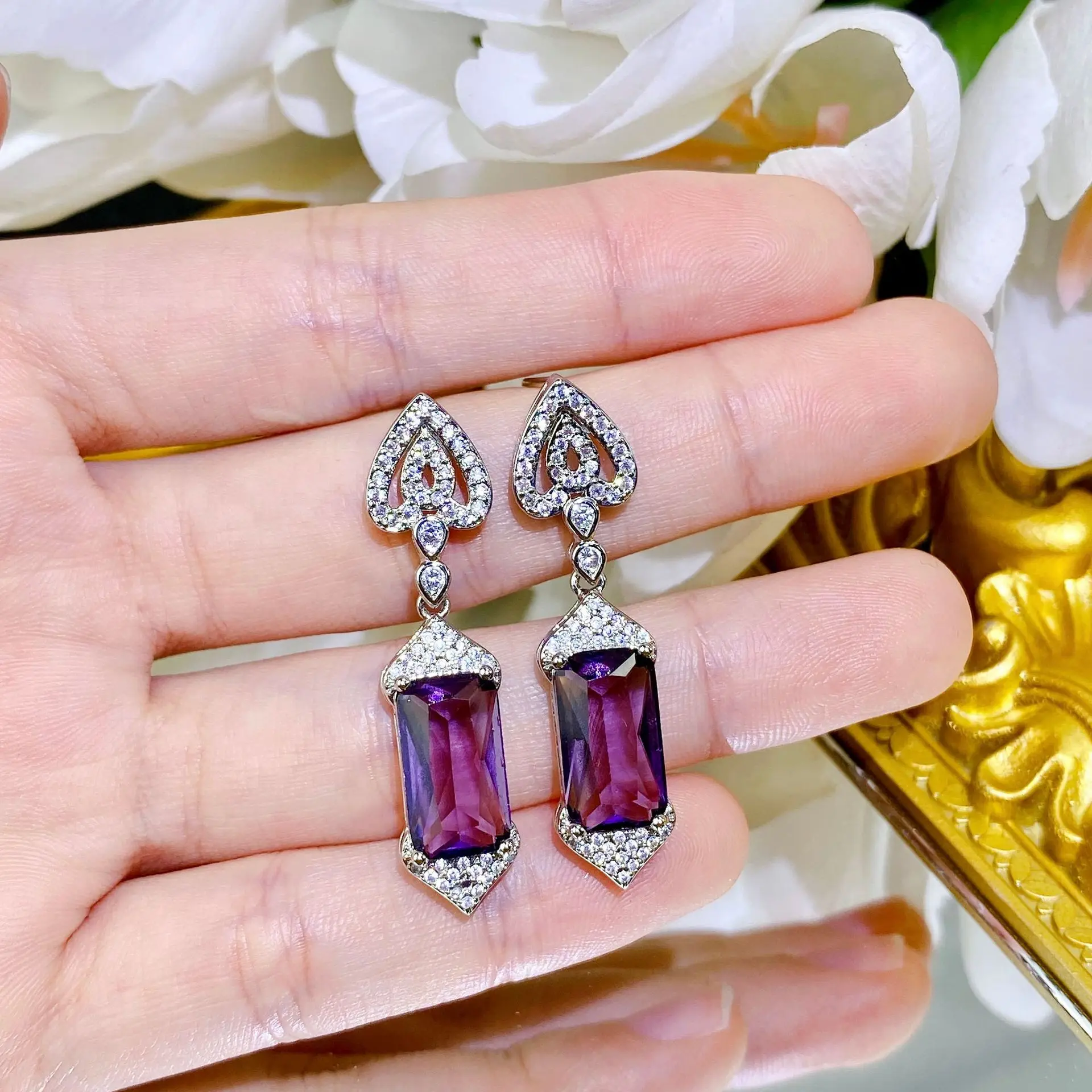 2023 New Exquisite Sterling 925 Silver Purple Cubic Zirconia Jewelry Set Female Elegant Wedding Bridal Party Necklace/Earrings