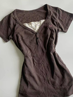 Vintage Fake 2 Piece T-shirt 2000s Punk Lace Slim Aesthetic Harajuku Y2K Woman Crop Top V-neck Summer Chic Retro Fashion Emo Tee