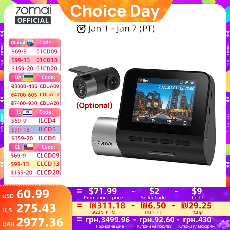 70mai Dash Cam Pro Plus A500S 1944P ADAS GPS kamera 70mai elülső kamera A500S 140FOV autós DVR 24 órás parkolástámogatás hátsó belső kamera