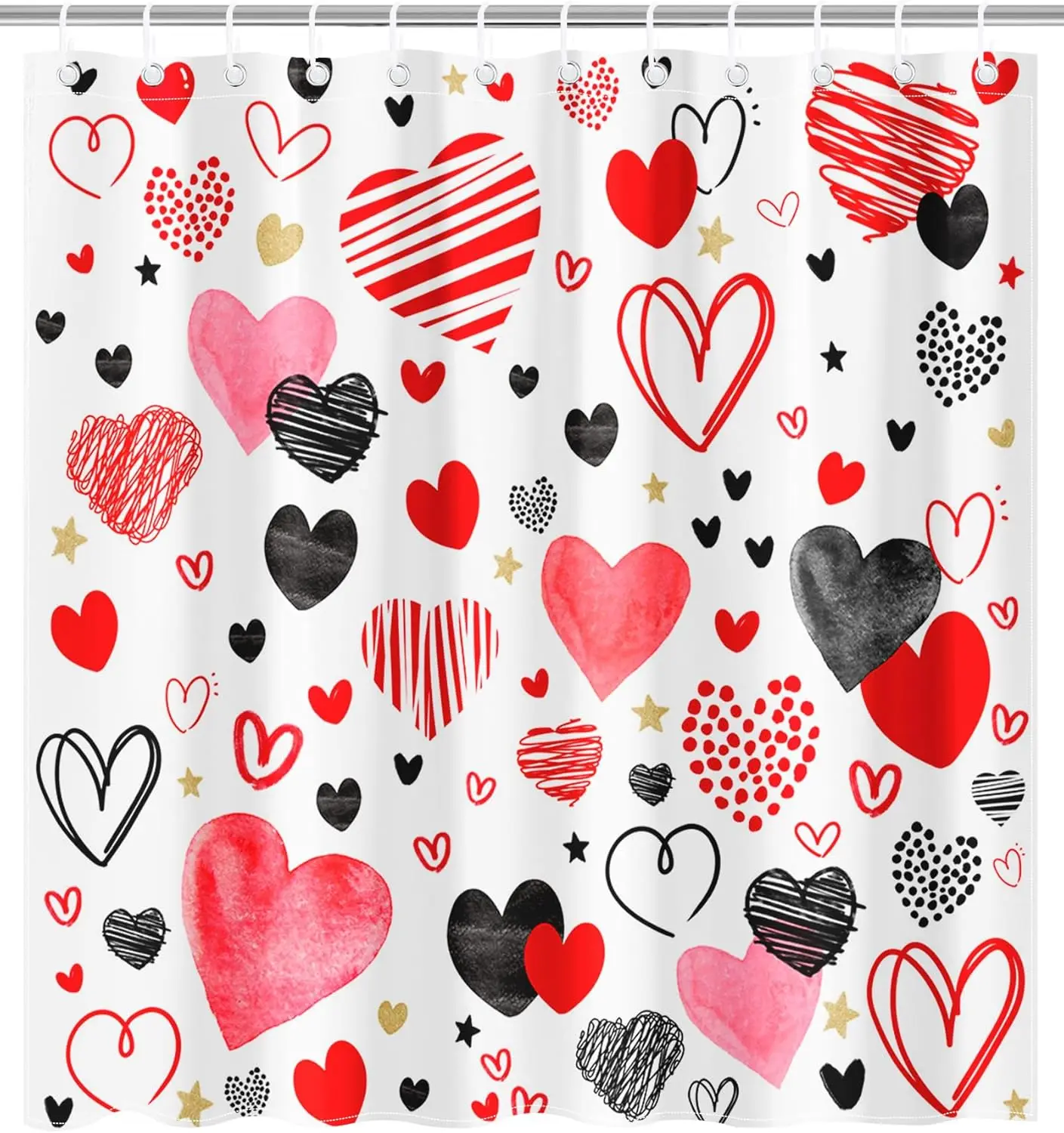 Cute Valentine's Day Shower Curtain Abstract Modern Red and Black Heart Shaped Shower Curtain Bathroom Waterproof