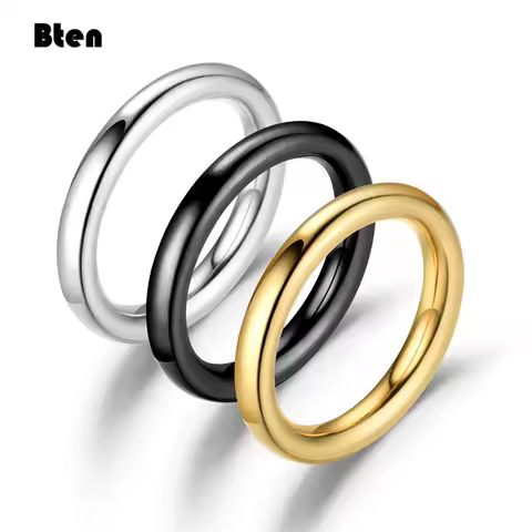 Bten 3mm Thin Rings Female Jewelry Man Black Silver Color Gold Color Stainless Steel Elegant Party Tail Smooth Ring for Women