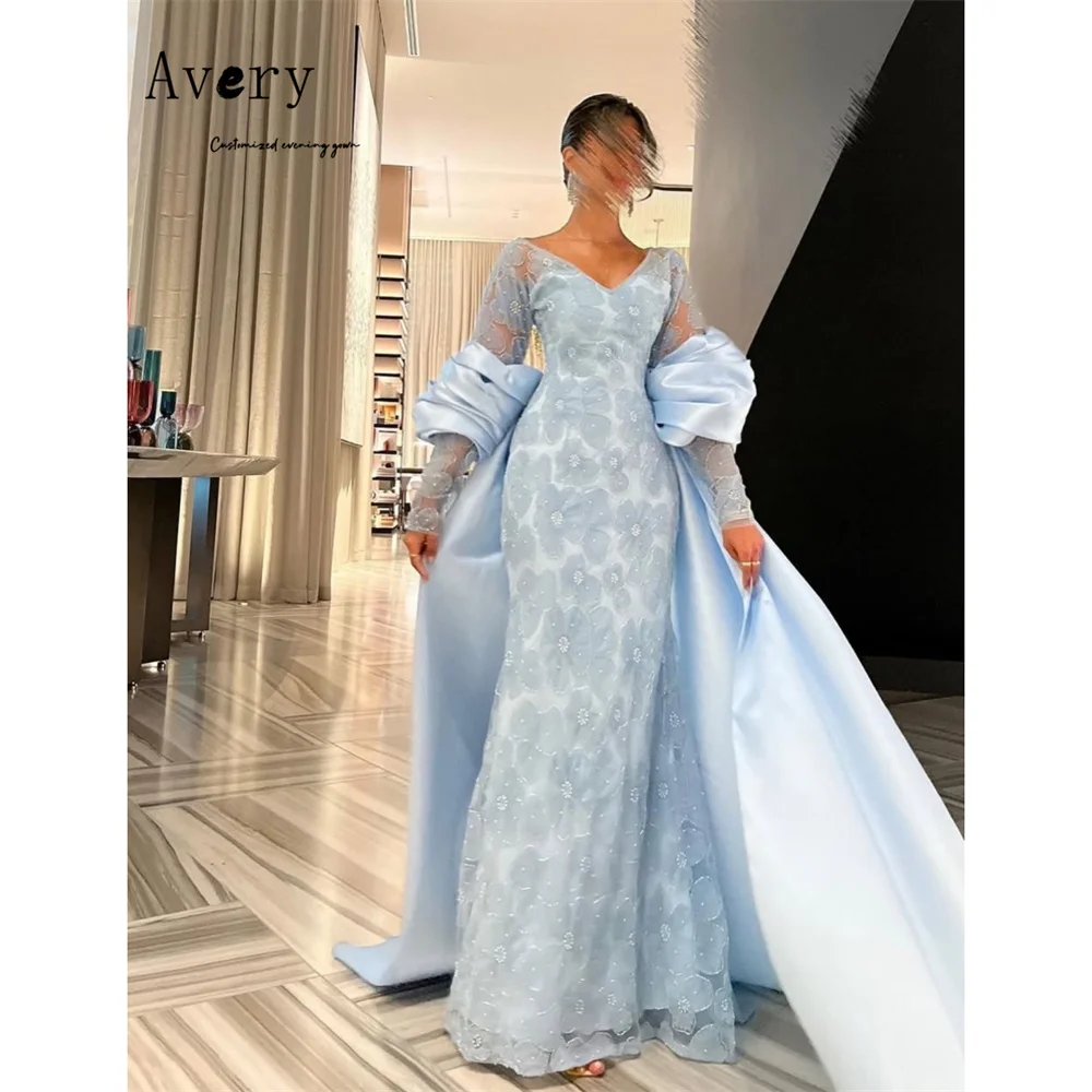 

Avery Customized Blue Flower V Neck Lace Luxurious Women's Evening Dresses for Events Elegant Party Evening Dress 2025 Prom Gala
