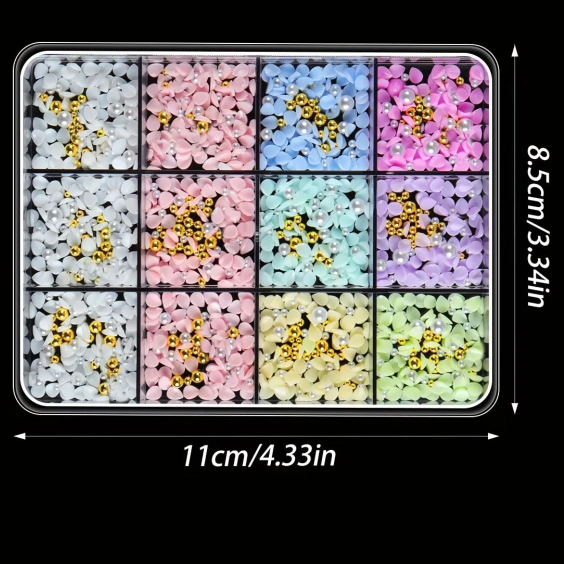 12-teiliges 3D-Macaron-Blütenblätter-Nagelkunst-Set mit Gold- und Weißperlen, Weiße, Rosa, Blaue und Grüne Blumen zur Nageldekoration – Detail 10