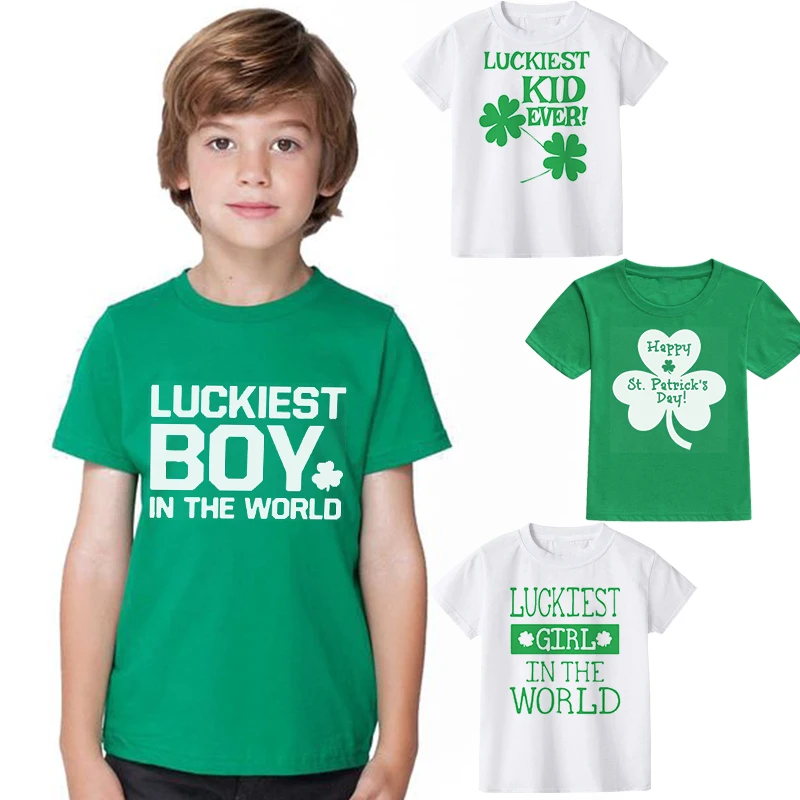 Happy St Patricks Day Kids Party Tshirt Luckiest Boys Girls Kids White T-shirt First St Patricks Outfit Clothes Fashion Tops Tee