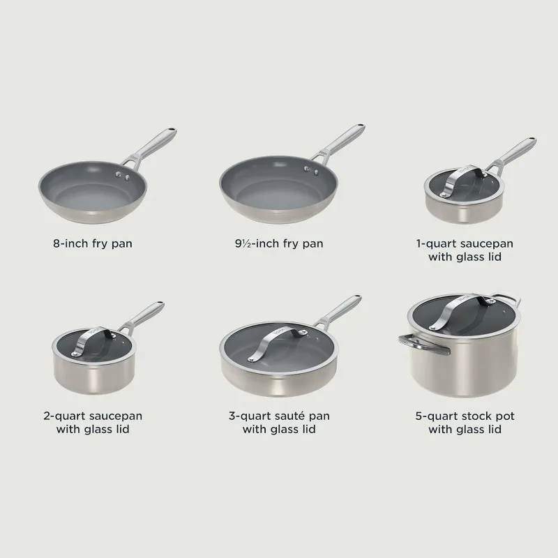 NeverStick Ceramic Pro,Non-Stick Pots & Pans Set with Glass Lids, PTFE Free, Ceramic Coated, Stainless Steel, Stove to Ove