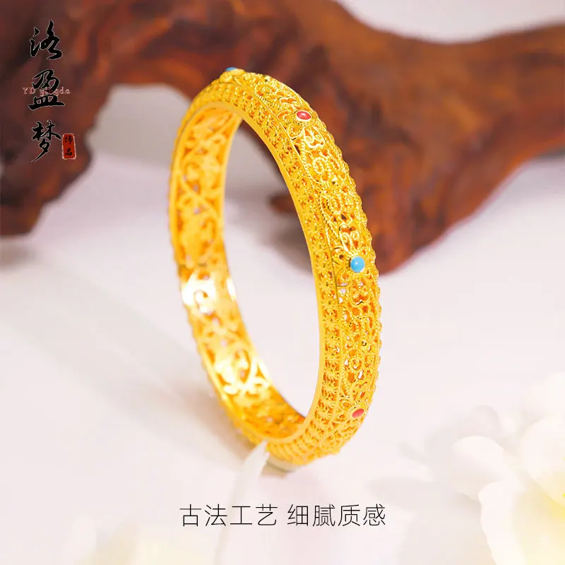 Copper Electroplated Gold Ancient Method Sand Gold Enamel Color Hollow Filigree Resin Bracelet  Noble Concubine Closed Bracelet