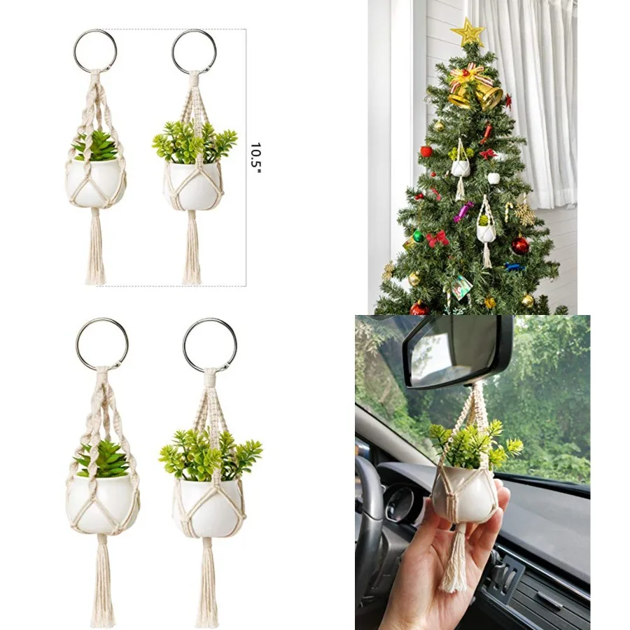 

Mini Macrame Plant Car Accessories Rear View Mirrior Charm Cute Hanging Rearview Car Decor Boho Small Hanger with Artificial Su