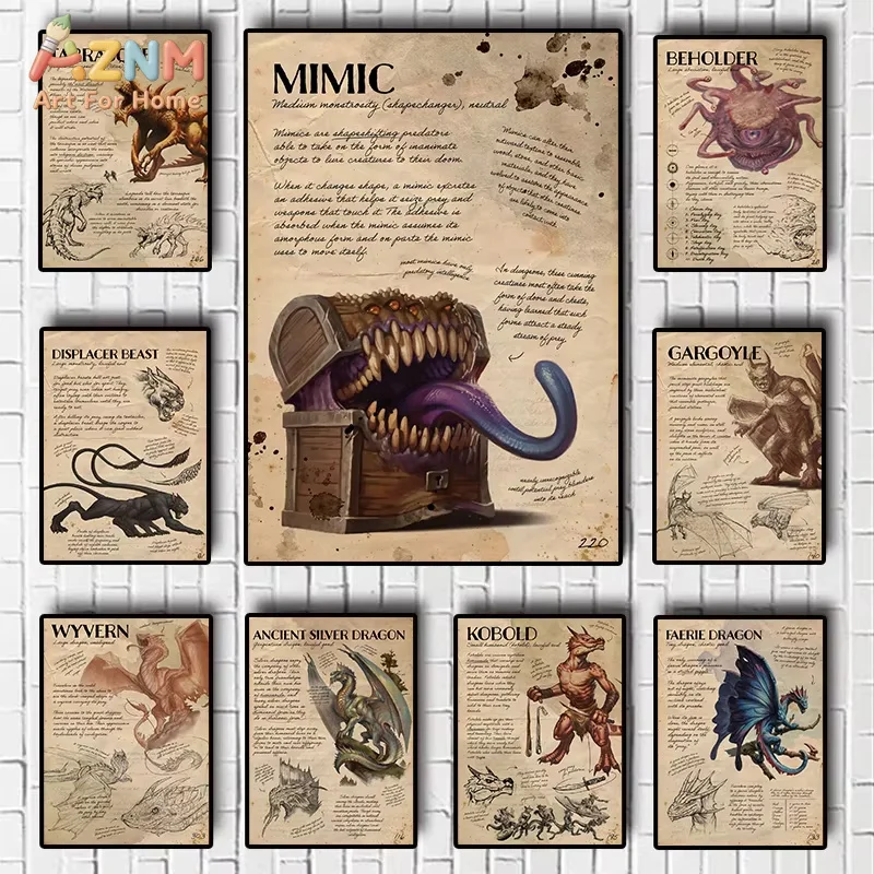 D&D Monster Manual Poster Mimic Note Gelatinous Cube Note Beholder Faerie Dragon Note Canvas printing Wall decoration painting