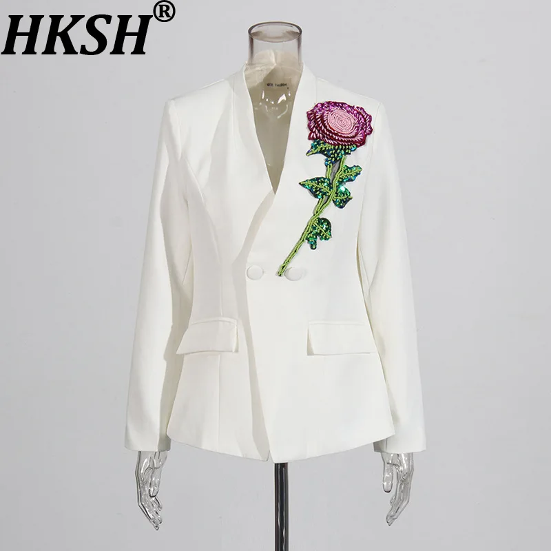 

Женский элегантный блейзер HKSH с бисером и пайетками, V-образным вырезом, двубортный, приталенный, люксовый жакет, шикарное пальто, новинка Весна 2026 HK9495