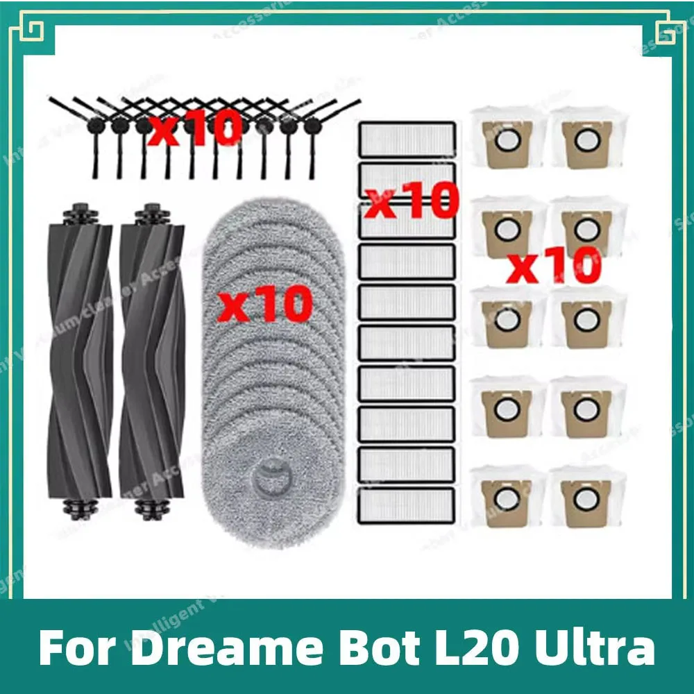 Dreame Bot L20 Ultra / L30 Ultra / X20 Pro için uyumlu Ana Yan Fırça Mop Bezleri Hepa Filtre Toz Torbaları Aksesuar Parçaları.