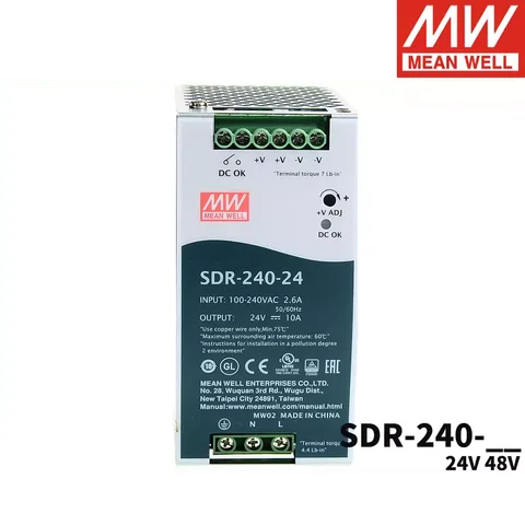 Original Mean Well SDR-240-24 meanwell DC 24V 10A 240W Single Output Industrial DIN Rail with PFC Function Power Supply