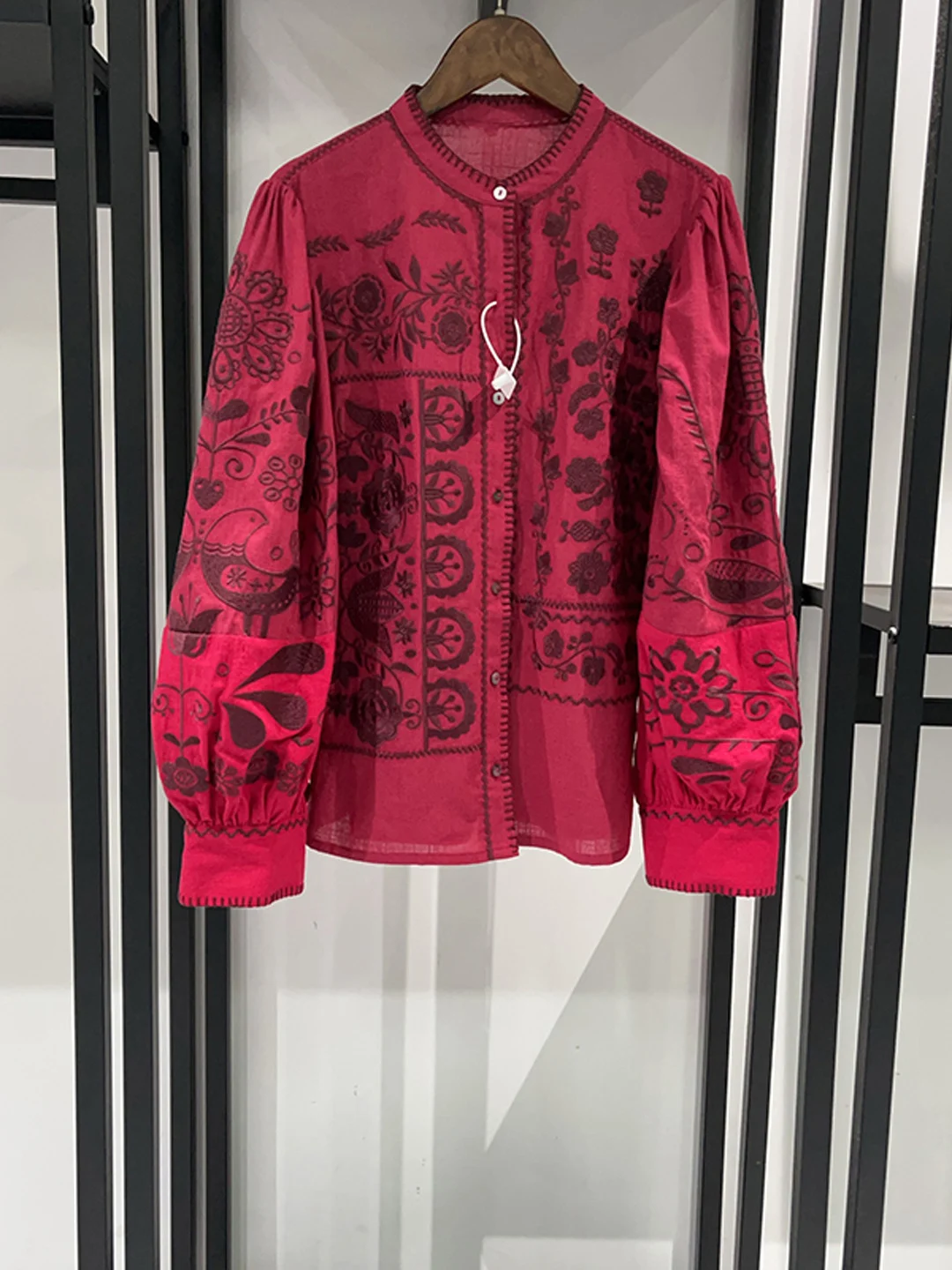 

Ele Embroidered ell Button irt Lantern Sve round Ne Женская блузка Классическая Sle из чистого хлопка Дышащая длинная...