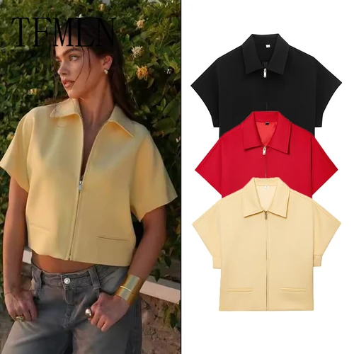 TFMLN, chaqueta recortada a la moda para mujer, chaquetas universitarias con cremallera para mujer, abrigos de manga corta, chaquetas informales para mujer para vacaciones