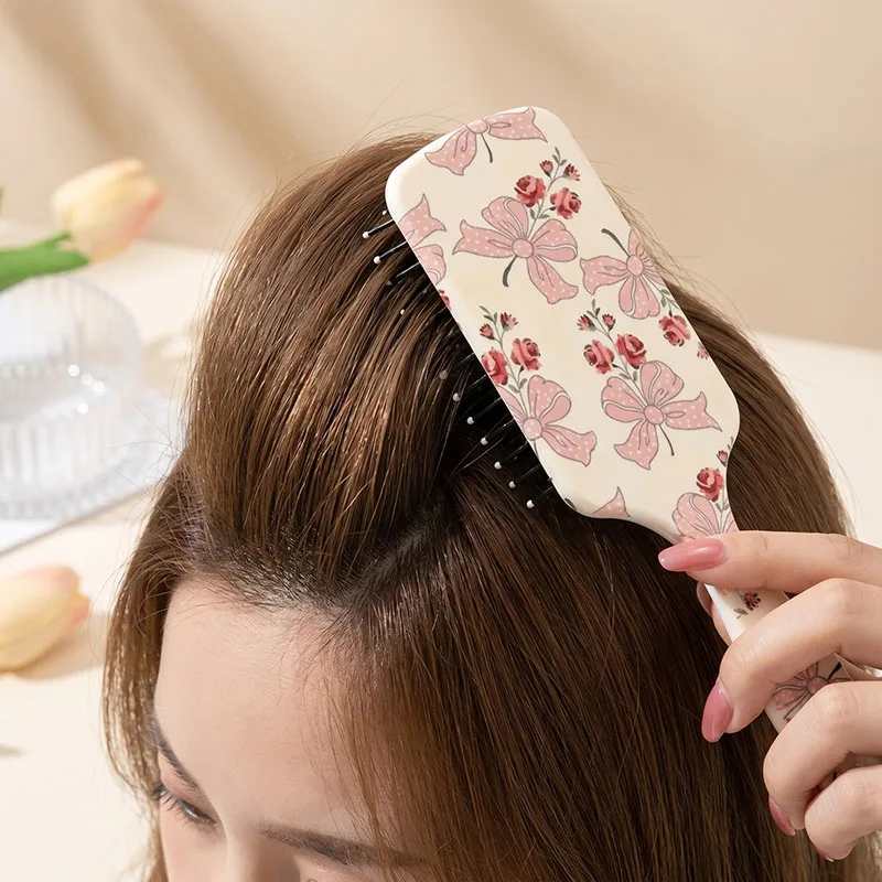 Cute Bow Floral Printed Air Cushion Hair Brush Soft Nylon Pin Scalp Care Hair Brush Anti-static Air Cushion Scalp Massage Comb