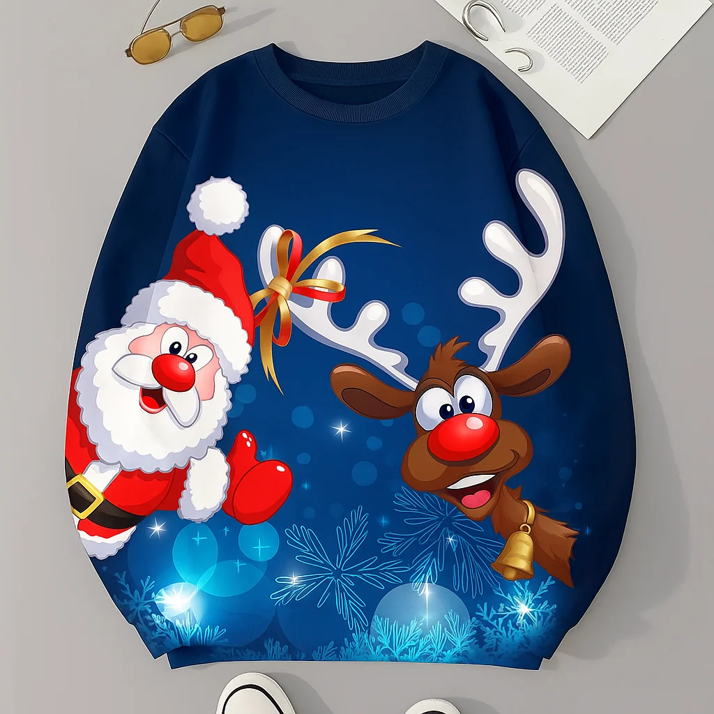 

Cartooon Santa Clause Elk Graphic Sweatshirt Fashion Casual Long Sleeve O-Neck Pullover Top Christmas Comfortable Unisex Clothes