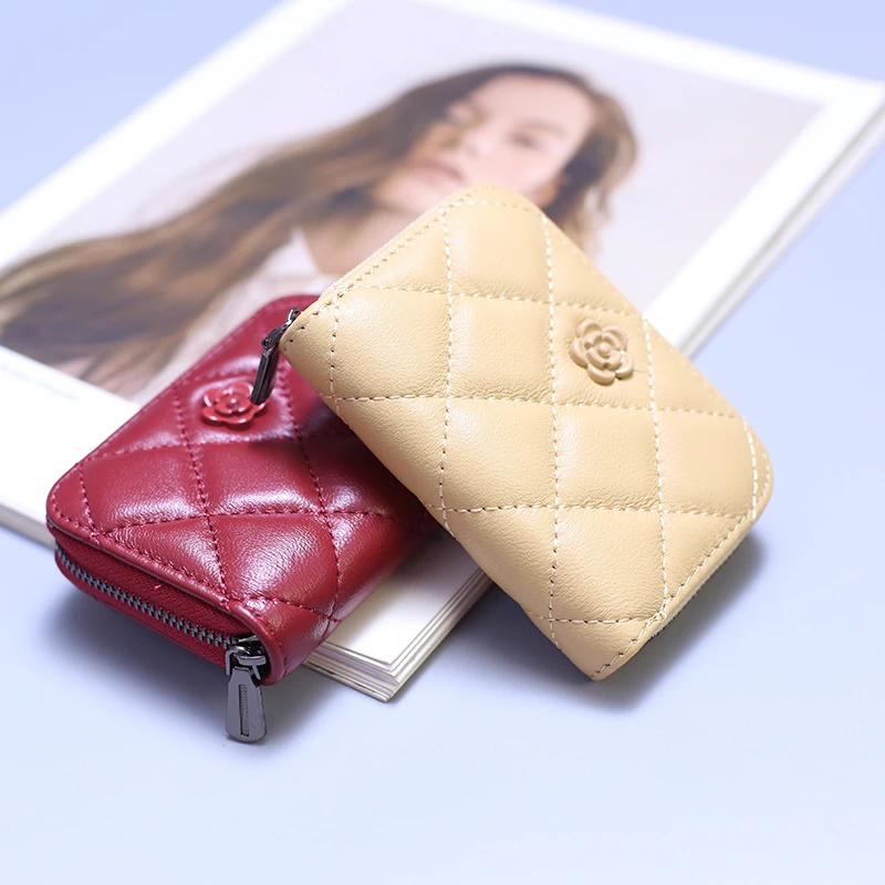 Fashion Genuine Leather Card Holders Women Luxury Design Quilted Thread Coin Purse Zipper Around Small Wallet Multi Pockets