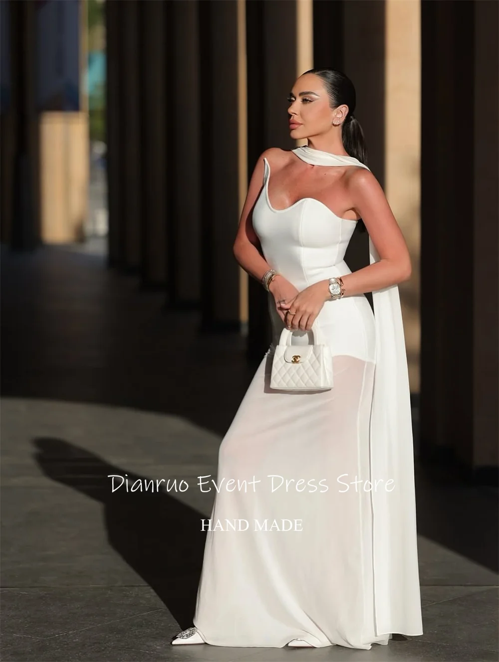 Dianruo современное белое вечернее платье шифоновое свадебное платье с асимметричным вырезом Illusion Vestidos De Fiesta Elegantes по индивидуальному заказу