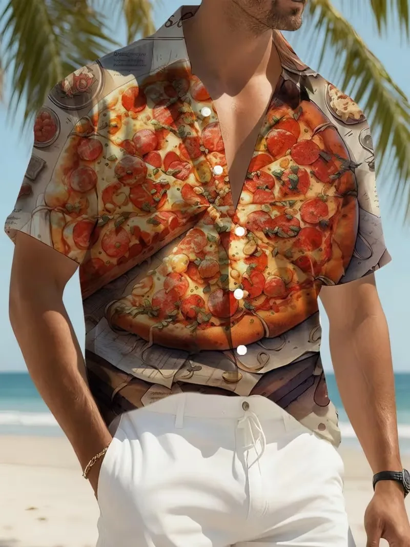 Men's Pepperoni Pizza Print Hawaiian Shirt Delicious Pizza Graphic Short Sleeve Button Down Aloha Shirt Food Lover Beach Shirt
