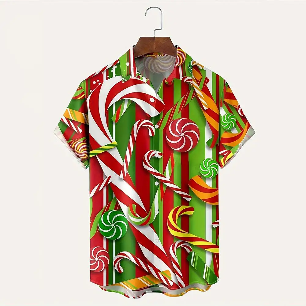 Festival Street Trendy Casual Shirt Fashion Creative Candy Pattern Short Sleeve Blouse Christmas Outdoor Breathable Buttons Tops