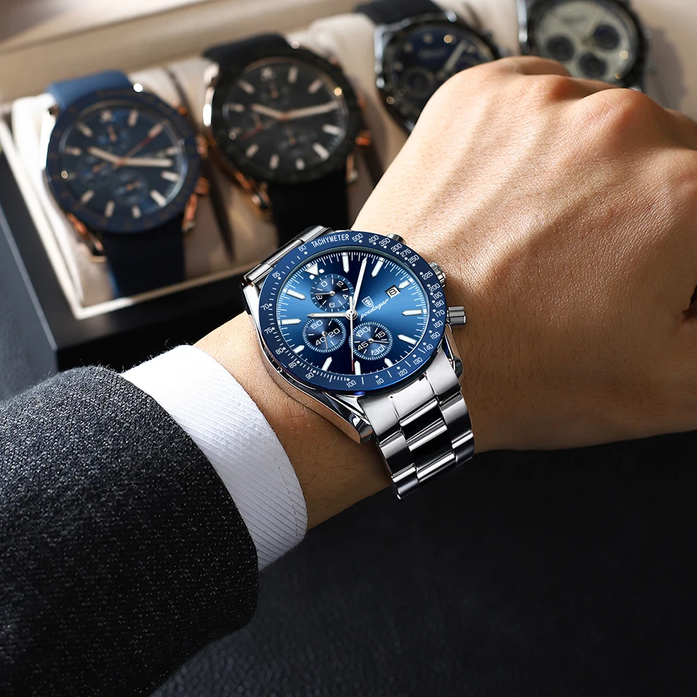 POEDAGAR Luxury Man Watch Chronograph Waterproof Luminous Date Men\'s Quartz Wristwatch Fashion Sport Stainless Steel Men Watches