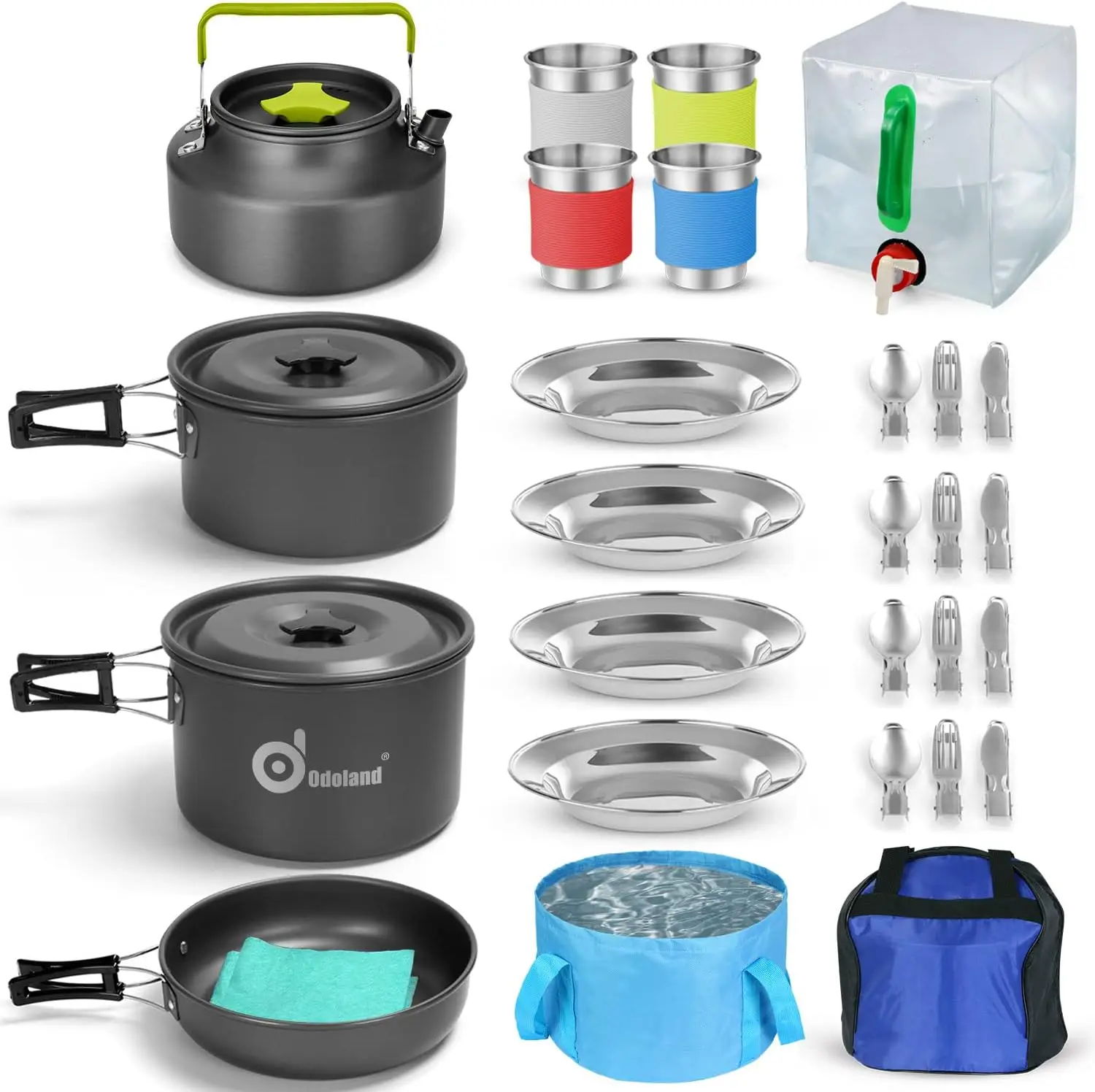 

29pcs Camping Cookware Mess Kit, Non-Stick Lightweight Pots Pan Kettle, Collapsible Water Container and Bucket, Stainless Steel