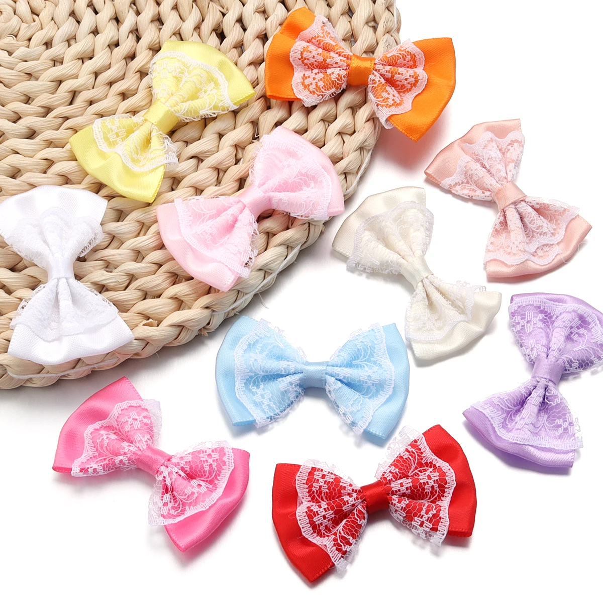 20pcs 3.5x5.7cm Polyester Ribbon Bow Colourful Lace Satin Bows Double Layers for DIY Sewing Crafts Garment Headwear Decoration