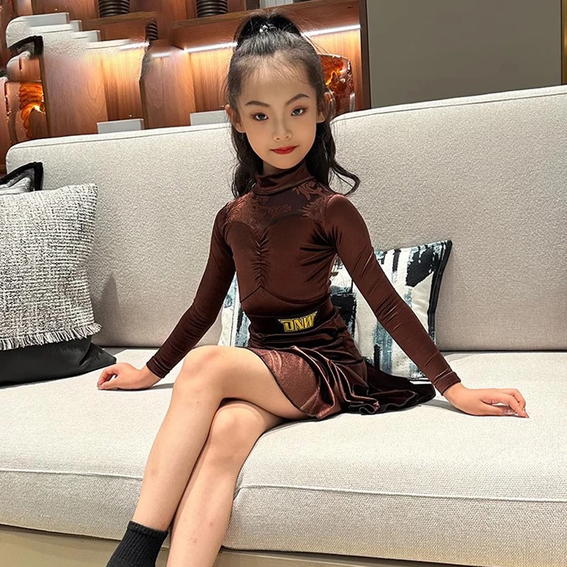 Kid's Latin Dance Performance Costume Girls' High Neck Long Sleeves Tops Skirt Split Suit Prom Samba Dance Practice Wear VBH1097