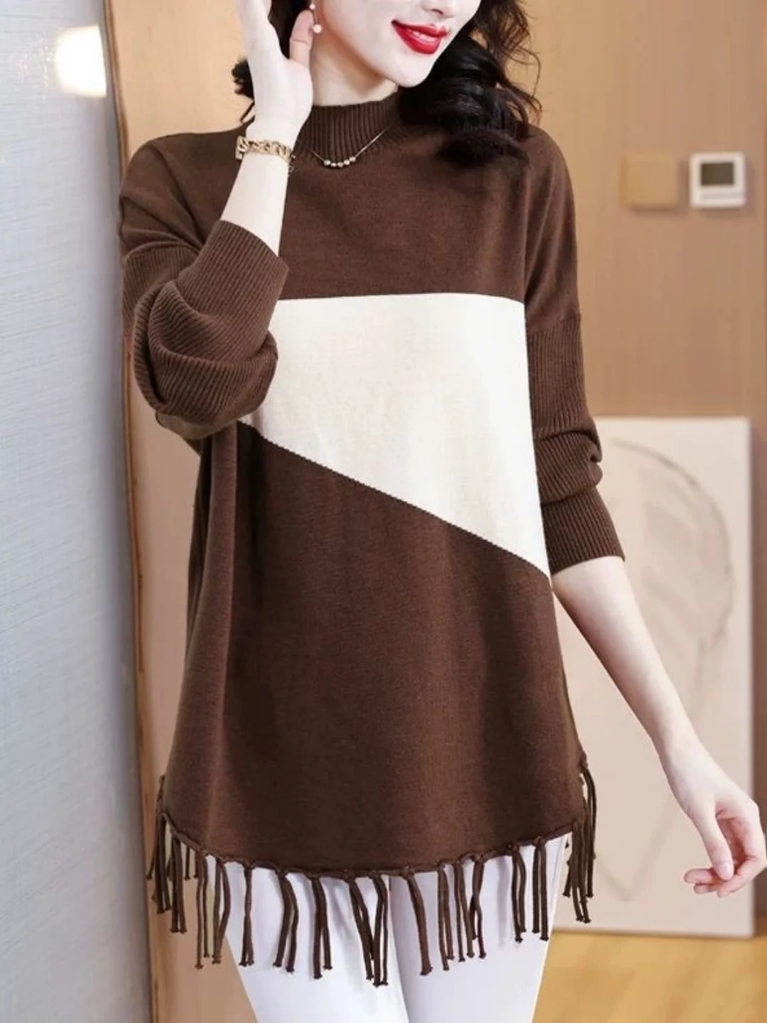 

Трикотаж с кисточками в стиле ретро, свободный крой, женский облегающий свитер средней длины больших размеров 300, повседневная повседневная одежда