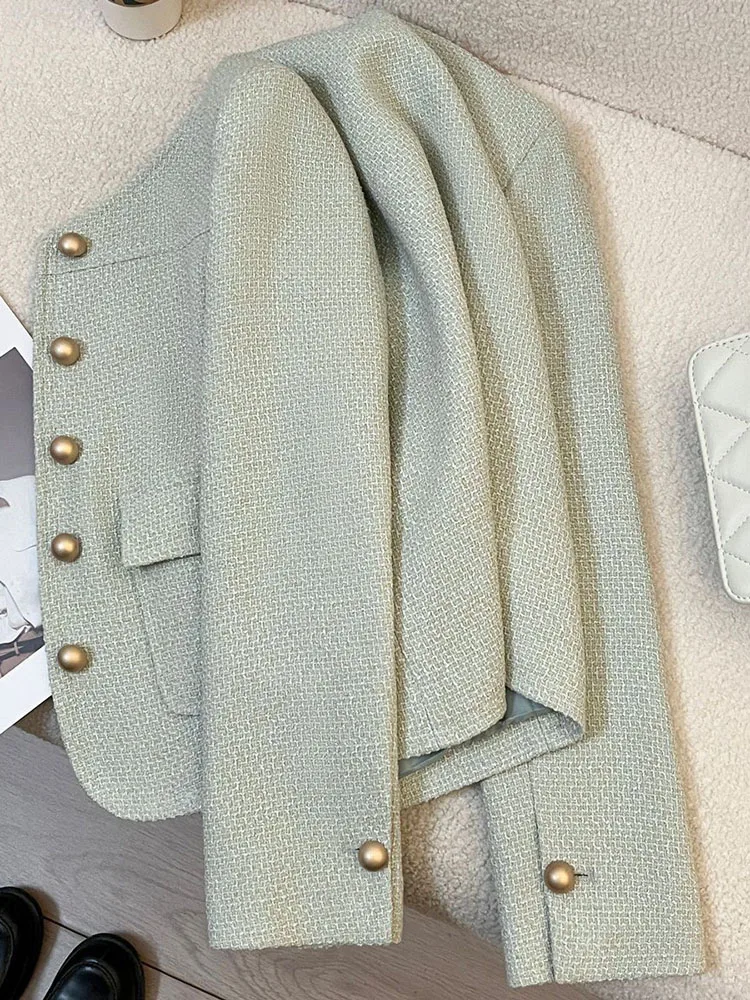 Zoki Korean Sweet Green Jacket Women Casual O Neck Long Sleeve Tweed Coat Fashion Single Breasted Female Chic Blazer Jackets