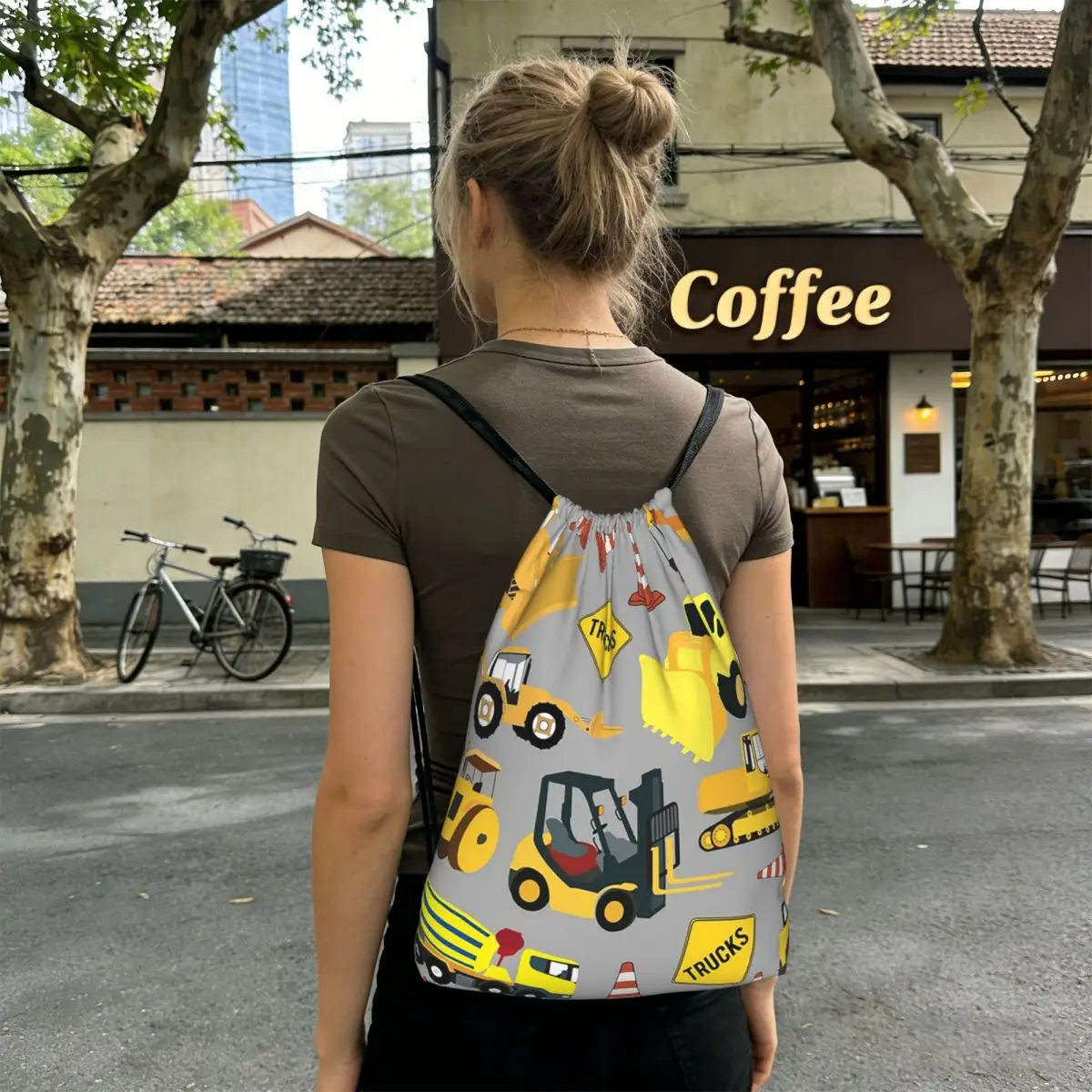 Cartoon Truck Car Tractor Excavator Pattern Backpacks Fashion Drawstring Bags Sports Bag Book Bags for Travel Students