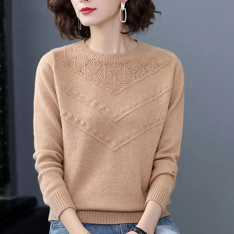 Autumn Winter Women\'s Clothing Round Neck Solid Color Pullover Lantern Long Sleeve Geometric Sweater Knitted Casual Elegant Tops